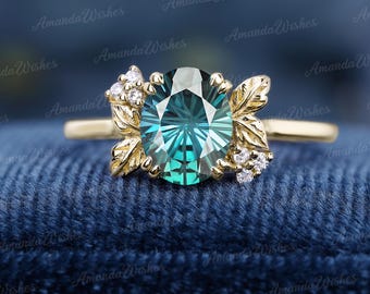 Oval shape fireworks cut lab created alexandrite engagement ring Unique nature inspired leaf wedding ring Leaf ring Moissanite cluster ring