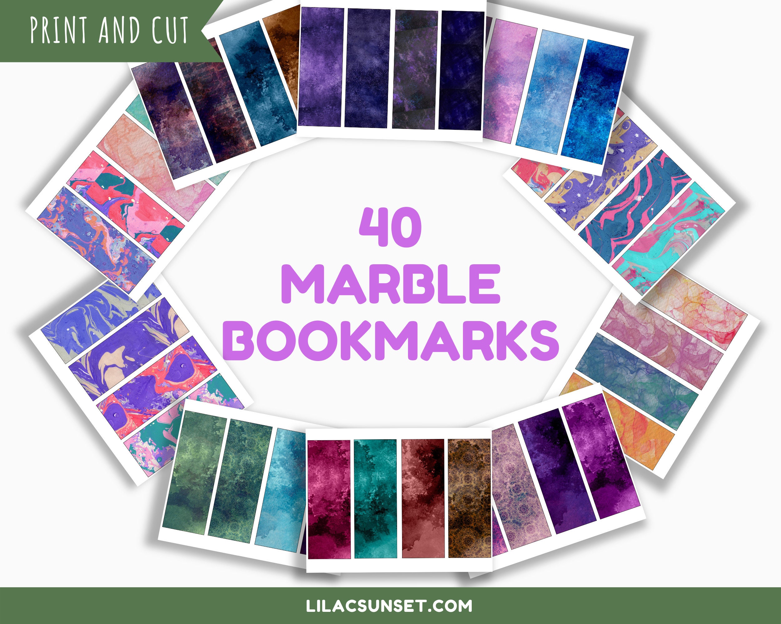 40 Marble Printable Bookmarks | 7X2 Size | Assorted Colors and Patterns ...