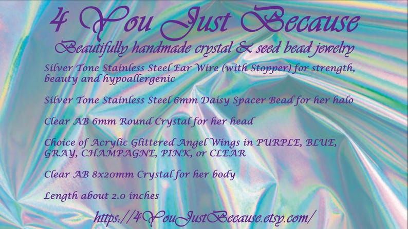 Puede incluir: Una pieza de joyer&iacute;a hecha a mano con cristal y cuentas de semillas con un alambre de oreja de acero inoxidable en tono plateado, una cuenta espaciadora de margarita de 6 mm, un cristal redondo de 6 mm y una selecci&oacute;n de alas de &aacute;ngel con purpurina acr&iacute;lica en morado, azul, gris, champ&aacute;n, rosa o transparente. La pieza tambi&eacute;n incluye un cristal de 8x20 mm y mide aproximadamente 5 cm de largo.