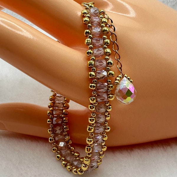 Lilac Full Pearl Luster Crystal and Gold tone Miyuki Seed Beads in a beautifully handmade, woven, elegant, dainty and sparkling bracelet.