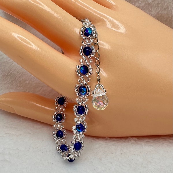 Cobalt Blue AB Crystal and White Gold tone Toho Seed Beads in a beautifully handmade, woven, elegant, dainty and sparkling bracelet.