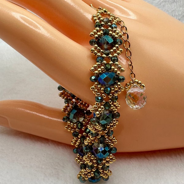 Green Crystal and Gold tone Miyuki Seed Beads in a beautifully handmade, bold, unique and full of sparkle bracelet. The perfect gift!