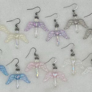 Whimsical Crystal AB Guardian Angel Earrings with your choice of color Acrylic Glittered Angel Wings. Dangling/drop style,  full of sparkle.