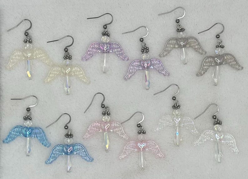 Whimsical Crystal AB Guardian Angel Earrings with your choice of color Acrylic Glittered Angel Wings. Dangling/drop style,  full of sparkle.