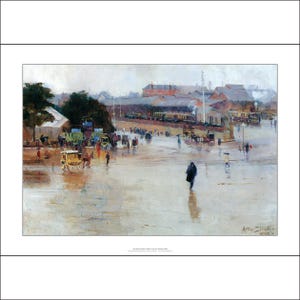 May include: A painting depicting a bustling train station scene with people, carriages, and a train in the background. The scene is set on a rainy day, with puddles reflecting the light. The painting is done in a realistic style with muted colors.