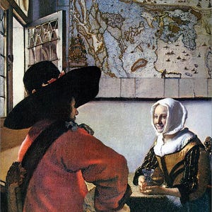 May include: A painting of a man and a woman sitting at a table. The man is wearing a red coat and a black hat. The woman is wearing a white lace collar and a white head covering. A map is hanging on the wall behind them.