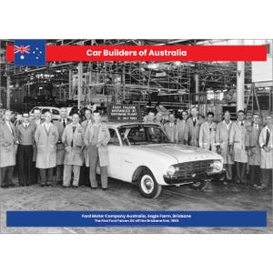 May include: Black and white photo of a group of men standing in front of a white Ford Falcon car. The car is on an assembly line in a factory. A sign above the car reads "First Falcon Assembled at Brisbane Plant 13 July 1960". The photo is captioned "Ford Motor Company Australia, Eagle Farm, Brisbane. The first Ford Falcon XK off the Brisbane line, 1960."