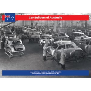 May include: Black and white photo of a car assembly line at General Motors-Holden's in Woodville, Adelaide, Australia. The photo shows the body production line for the Holden 48-215, 1949.