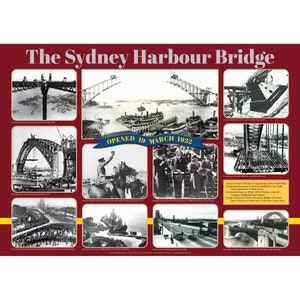 May include: A black and white photo collage depicting the construction and opening of the Sydney Harbour Bridge. The collage includes photos of the bridge under construction, the bridge being opened to traffic, and the bridge in use today. The text "OPENED 19 MARCH 1932" is displayed on the collage.