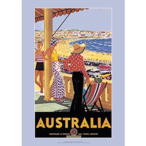 Australia Travel Poster Bondi Beach Art Print – Percy Trompf illustration – Reproduction of 1930s ANTA poster – 3 sizes available
