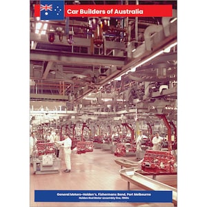 May include: A black and white photo of a factory assembly line with workers assembling red car engines. The photo is captioned "General Motors-Holden's, Fishermans Bend, Port Melbourne Holden Red Motor assembly line, 1960s."