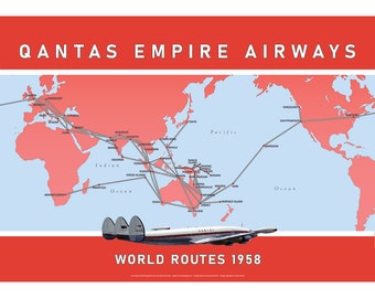 Qantas Empire Airways World Routes Map Art Print – 1958 with Super Constellation – 3 sizes available