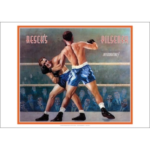 Resch&#39;s Pilsener 1930s Retro Pub-Schild-Kunstdruck – &#39;Erfrischende&#39; Boxer in Aktion - 3 verfügbare Größen