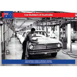 May include: Black and white photo of a car assembly line at General Motors-Holden's in Elizabeth, Adelaide, Australia. Workers are inspecting Holden HD models undergoing final quality control in 1966.