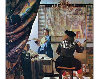 May include: A painting depicting a man painting a woman playing a lute. The painting is set in a room with a checkered floor and a map on the wall. The man is wearing a black and white striped shirt and a black hat. The woman is wearing a blue dress and a wreath of flowers in her hair.