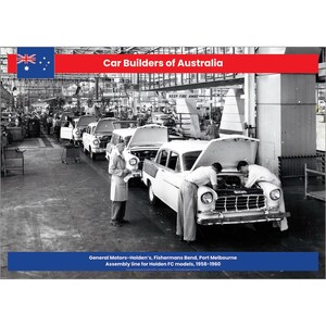 May include: Black and white photo of a car assembly line at General Motors-Holden's, Fishermans Bend, Port Melbourne. The photo shows a line of Holden FC models being assembled, with workers inspecting the cars. The text "KEEP FIRE AWAY" is visible on a sign in the background.