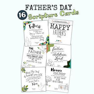 May include: A collection of 16 Father's Day Scripture Cards. Each card features a different Bible verse about fathers, with decorative elements and illustrations. The cards are in black and white with green, blue, and yellow accents.