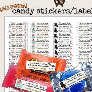 Halloween cristiano, etichette adesive stampabili per caramelle, trattati cristiani, Gesù è più dolce degli adesivi caramelle Adesivi per bauli o dolcetti