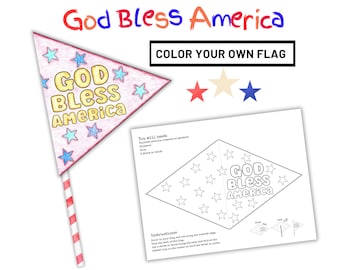 God Bless America Färbung Flagge Aktivität für Kinder, druckbare Flagge am Stiel, Farbe Ihrer eigenen Flagge Handwerk Projekt christliche Flagge druckbar