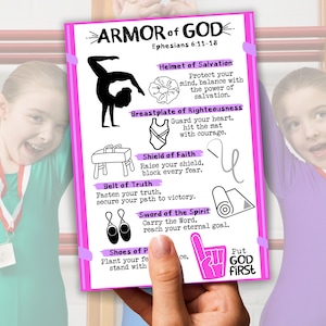 Cartão de esportes da armadura de Deus para ginástica, oração esportiva cristã para crianças, oração do atleta, oração de ginástica para meninas, presente de ginástica para meninas