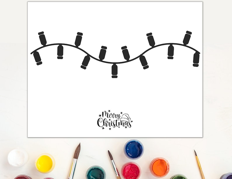 May include: A black and white illustration of a string of Christmas lights with the text "Merry Christmas" below. The illustration is on a white background.