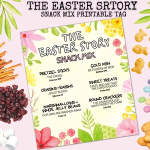 De Easter Story Snack Mix afdrukbare tag, paastraktatie uitdeel voor kinderen, school- en kerktraktatietags voor Pasen, paasfavorietentags, christelijk