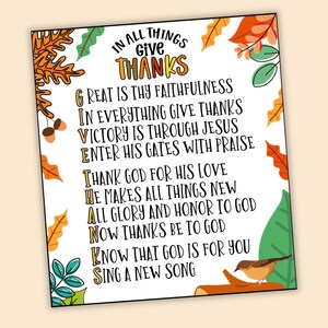 May include: A printable Thanksgiving-themed poster with a fall leaf border and the text "In all things give thanks." The poster features a verse about giving thanks to God.