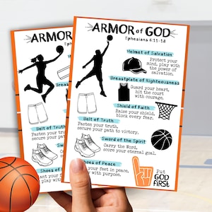 Tarjeta deportiva de la armadura de Dios para baloncesto, oración deportiva cristiana para niños, oración del atleta antes del juego, ministerio deportivo de la iglesia, festival deportivo