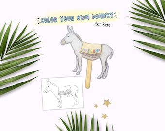 子供向けの聖枝祭工作、聖週間のアクティビティ「聖枝祭のロバのぬり絵」、イースター物語の印刷可能なぬり絵工作、ホサナのぬり絵