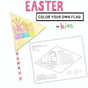 Bandera de papel de Pascua con el lema "Él ha resucitado", actividad para colorear con el lema "Él ha resucitado", manualidad de Pascua para niños, manualidad con bandera de papel de Pascua, actividad de Semana Santa para niños