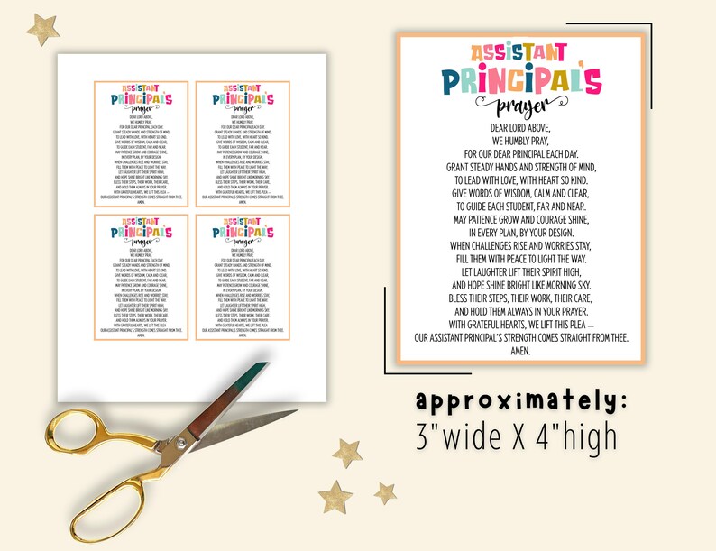 Pu&ograve; includere: Carte di preghiera stampabili per i vicepresidi. Le carte misurano 7,6 cm di larghezza e 10,2 cm di altezza. Il testo sulle carte recita "Preghiera per il vicepreside" in un carattere colorato. La preghiera &egrave; un messaggio sentito che chiede guida e forza per il vicepreside.