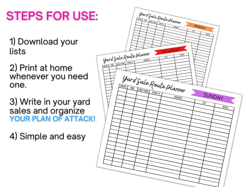 Yard Sale Route Planner Tracker for Garage Sales List Etsy