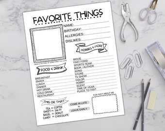 Favorite Things Printable Survey Get to Know Your Team Coworker, All About Me Questionnaire, Team Building Coworker Ice Braker Appreciation