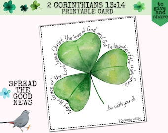 Shamrock Holy Trinity - 2 Corinthians 13:14, St. Patrick's Day Bible Verse Cards, Christian Tracts to pass out, Christian St. Particks Day