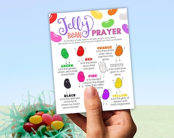 May include: A printable card with a Jelly Bean Prayer. The card features a colorful jelly bean for each color of the rainbow, with a short description of what each color represents. The card is perfect for Easter Sunday or any time of year.