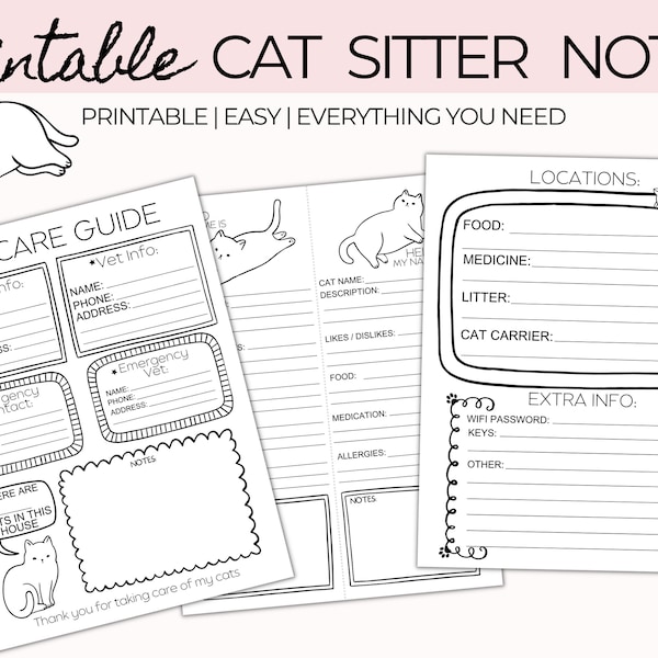 Printable Cat Sitter Notes, Pet Sitter Notes, Pet Sitter Instructions, Pet Sitting, Pet Care, Cat Sitting Sheets, Cat Care