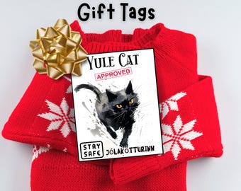 Yule Cat Icelandic Christmas Cat that Eats People who don't get New Clothes, Yule Cat Clothing Tags, Yule Cat, Iceland Christmas Cat Tags