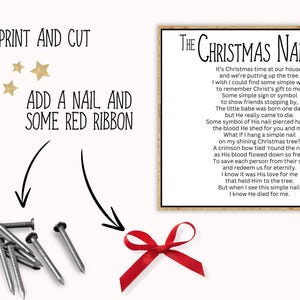 May include: A printable Christmas craft with instructions to print, cut, and add a nail and red ribbon. The text reads "The Christmas Nail" and includes a poem about the meaning of the nail in the Christmas story.