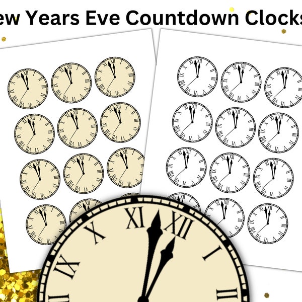 New Years Clock Countdown, New Years Eve Favor, Clock Round Gift Tag, Clock Sticker, Roman Numeral Clock Face, Countdown Clock for New Years