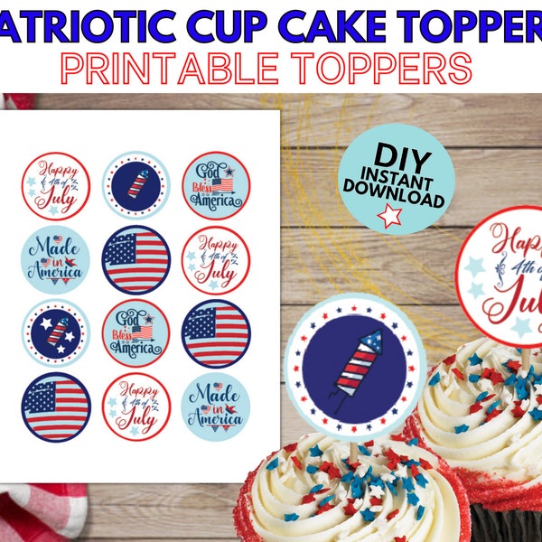 Patriotic Cupcake Cake Toppers, Stickers, Independence Day, Labor Day, Party Decorations American Printable Favor Tags Toothpick Flags Pride