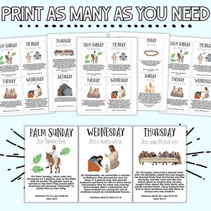 Pu&ograve; includere: Carte stampabili con illustrazioni e testo sugli eventi della Settimana Santa, tra cui la Domenica delle Palme, il mercoled&igrave; e il gioved&igrave;. Il testo include riferimenti biblici.