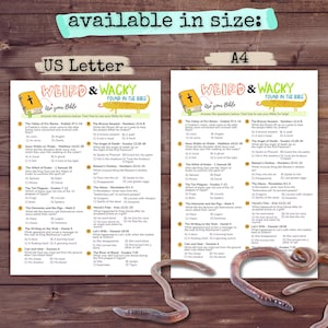 May include: Two printable Bible trivia sheets, one in US Letter size and the other in A4 size. The sheets feature the text "Weird & Wacky Found in the Bible" with multiple choice questions. The background is a wooden texture.