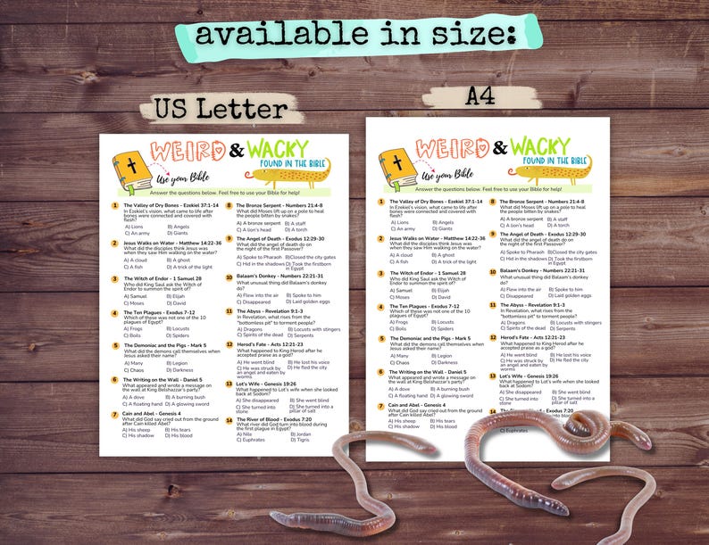 May include: Two printable Bible trivia sheets, one in US Letter size and the other in A4 size. The sheets feature the text "Weird & Wacky Found in the Bible" with multiple choice questions. The background is a wooden texture.