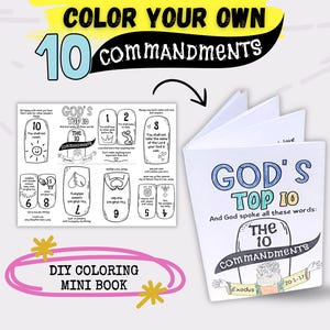 May include: A DIY coloring mini-book with the text "COLOR YOUR OWN 10 COMMANDMENTS." The cover reads "GOD'S TOP 10" and "THE 10 COMMANDMENTS." The book includes illustrations of the Ten Commandments for coloring.