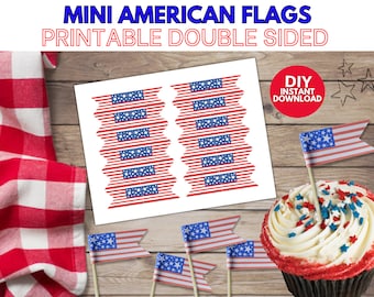 Mini cupcakes com bandeiras americanas, bandeirinhas pequenas de palito, 4 de julho, decoração patriótica americana, bandeiras americanas para imprimir, Dia da Independência