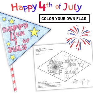 4. Juli Färbung Flaggen-Aktivität für Kinder, druckbare Flagge am Stiel für die Party am 4. Juli, Färben Sie Ihr eigenes amerikanische Flaggen-Handwerksprojekt