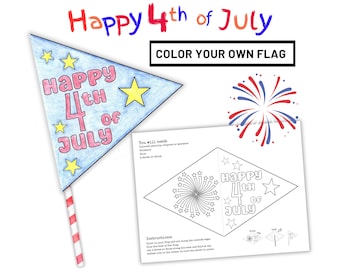 4th of July Coloring Flag Activity for Kids, Printable Flag on a Stick for Fourth of July Party, Color your own American Flag Craft Project