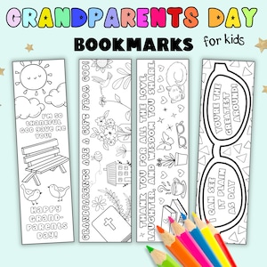 May include: A collection of four black and white bookmarks for kids, with the text "GRANDPARENTS DAY BOOKMARKS for kids". Each bookmark features illustrations and phrases like "I'M SO THANKFUL GOD gave me YOU!" and "YOU'RE THE GREATEST AROUND!"
