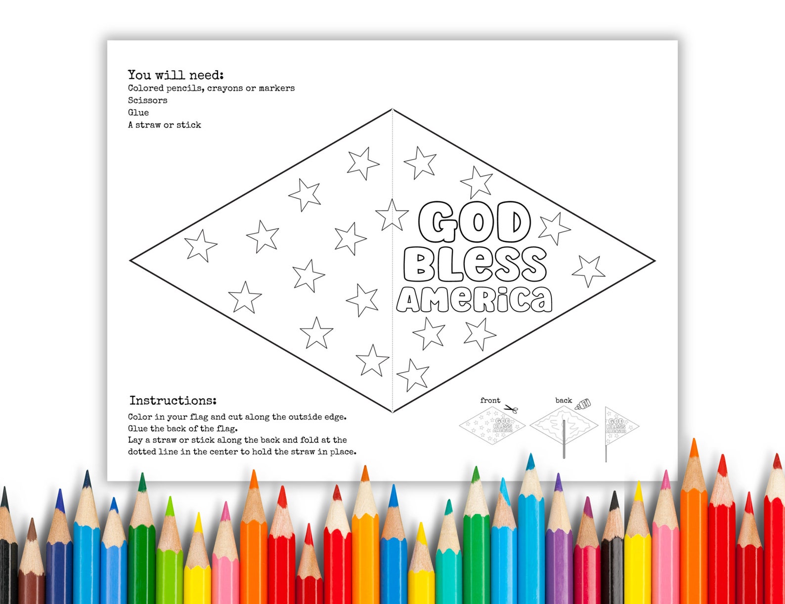 God Bless America Coloring Flag Activity for Kids, Printable Flag on a ...