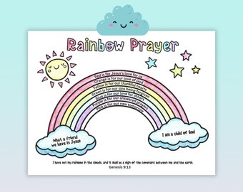 Oración del arcoíris, Hoja para colorear del arcoíris, La promesa de Dios de nunca inundar la Tierra Génesis 9:13, Manualidad del arcoíris, Manualidad de oración, Color del arcoíris para niños